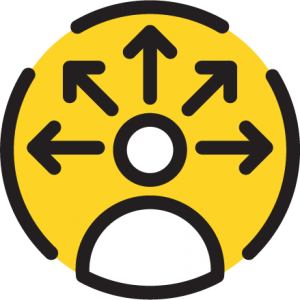 Decision Making Icon showing one person with many arrows in front of them pointing different directions.The icon is representing one of the eight National Health Education Standards and associated skill for skills-based health education.