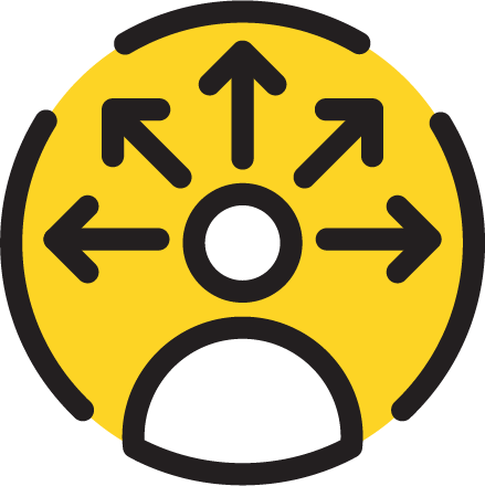 Decision Making Icon showing one person with many arrows in front of them pointing different directions.The icon is representing one of the eight National Health Education Standards and associated skill for skills-based health education.